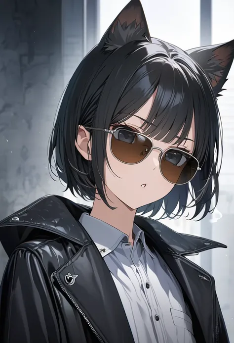  score up_9,score up_8,score up_7,source_anime,rating_safety,masterpiece,best quality,super fine illustration,hyper detailed,8k,front view,head shot,BREAK 1girl,20yo,(sunglass:1.3),black eyes,black hair,short hair,cat ears,flat chest,BREAK black hut,black ...