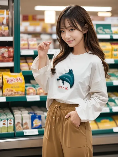 Cowboy Shot, (Mid-autumn Date), 
break, 
((Oversized long sleeve t-shirt:1.2)), ((Dolphin Pants:1.2)), 
break, 
View your viewers, Japanese female university student, (One Woman:1.2), She is very beautiful, Glowing Skin, Perfect Face, Cute and symmetrical ...