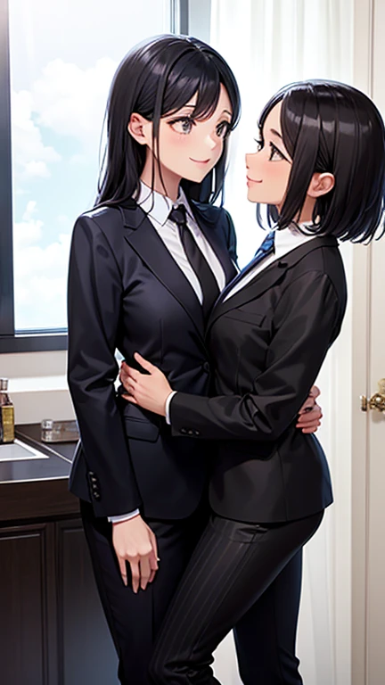 Two women in black luxury striped suits pressing their lips together　tie　smile