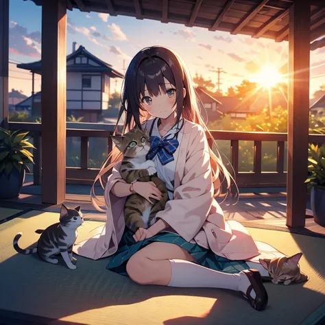 whole body,Anime Style, Dynamic Angle, 8k,1 cute girl,(cute:1.3),1 girl, Watching the audience, Porch of a Japanese house,｛uniform, cardigan｝, Stylish, Trendy clothes,Cuddling a kitten,(Spotted Sun:1.2),Blurred,(Written boundary depth:1.1),Tilt your head