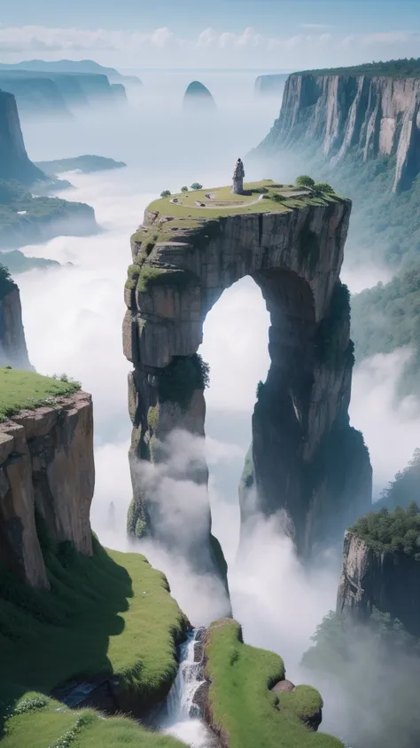 a cliff overlooking a waterfall, several arch-shaped rocks on top, 8k matte painting, 8K matte paint, 8K vertical wallpaper, 8K vertical wallpaper, 4K vertical wallpaper, 4K vertical wallpaper, series lost, realistic fantasy rendering, 8K resolution digita...