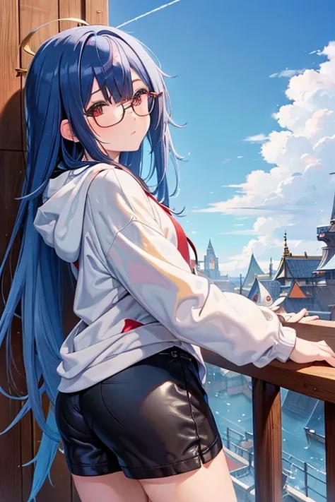 Angelic French doll, Stocky, Brightly colored hoodies, In shorts, Blue Hair ,Disheveled long hair, (anime: 1.2), Wearing glasses, Asymmetrical bangs, masterpiece, Tengu, (Fortune teller: 0.8), (sleepy: 0.8), Intimate, Friendly, Catching the wind, Wet Hair,...