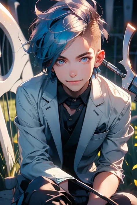 Perfect face. Perfect hands. A muscular blue haired male teenager with silver eyes in a suit and short hair with a scythe is smiling while sitting in the cemetery