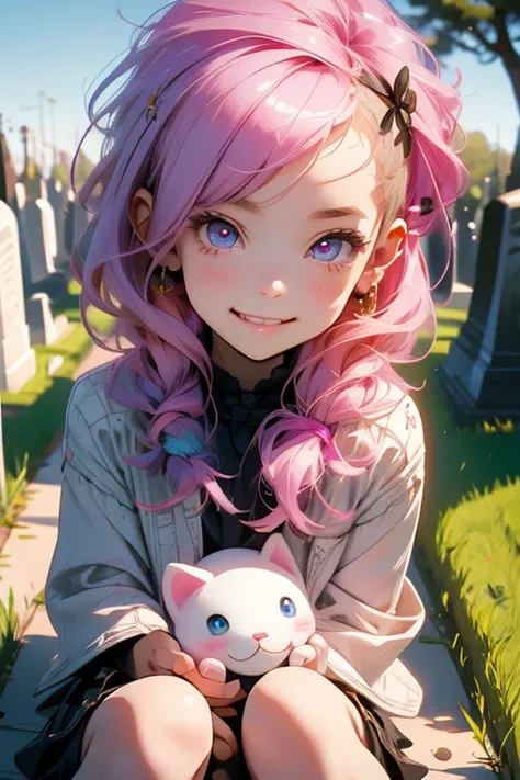 Perfect face. Perfect hands. A little pink haired girl with violet eyes is smiling while sitting in a cemetery
