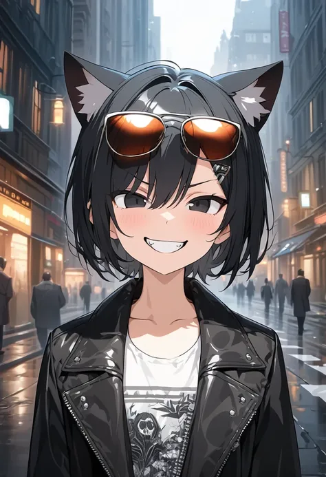  score up_9,score up_8,score up_7,source_anime,rating_safety,masterpiece,best quality,super fine illustration,hyper detailed,8k,front view,BREAK 1girl,20yo,(sunglass:1.3),black eyes,black hair,short hair,cat ears,flat chest,crazy smile,BREAK black coat,maf...