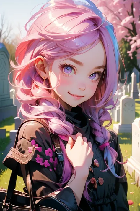 Perfect face. Perfect hands. A little pink haired girl with violet eyes is smiling while enjoying a picnic in the cemetery