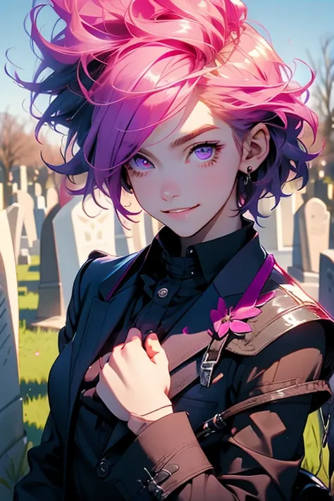 Perfect face. Perfect hands. A pink haired male teenager with violet eyes in a suit and short hair with a scythe is smiling while picnicking in the cemetery
