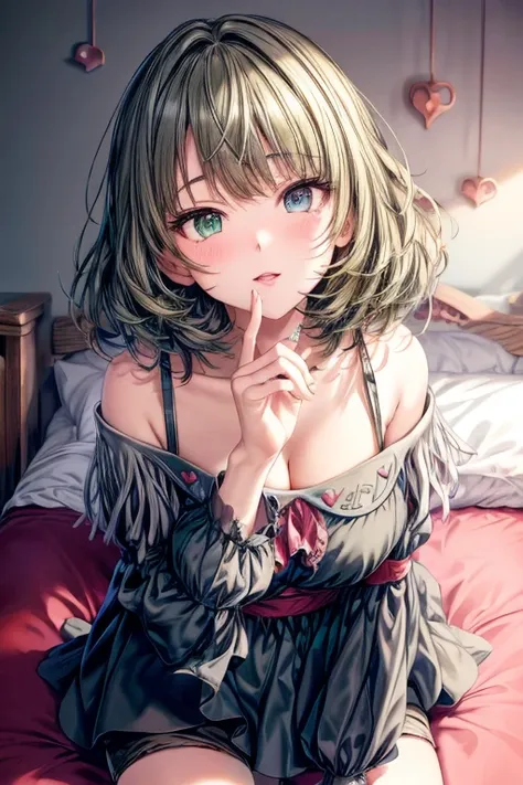 masutepiece, best quality,  1girl in,smile, defkaede, heterochromia, green eyes, blue eyes, black dress, off-shoulder, short dre...