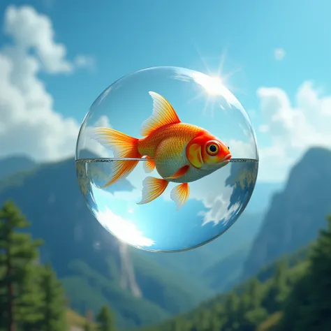 (Goldfish), A goldfish is trapped in a huge transparent bubble, floating in the azure sky with rolling mountains and lush forests below. The goldfishs eyes were filled with curiosity, as if exploring this brand new world. The surface of the bubble reflects...