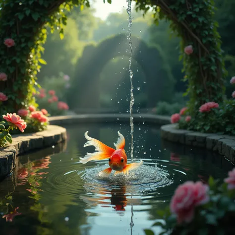 (Goldfish), In a forgotten ancient garden, a goldfish appears in a clear fountain. Surrounding the fountain are blooming flowers and coiled vines, forming a secret little world. Goldfish shuttle freely in the water, occasionally jumping out of the water an...