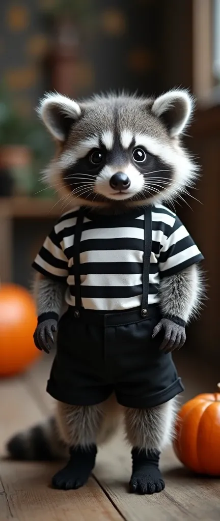 A photo of a cute extra fluffy baby raccoon wearing a Pugsley Addams Family Costume. The raccoon is dressed as Pugsley from the Addams Family, wearing a black and white striped shirt and black shorts. The costume also includes a pair of knitted black socks...