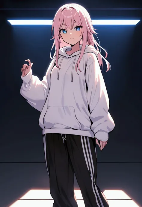 A 2 woman ,cute, 160cm hight,She is wearing a white oversized hoodie from Santa Cruze and black sweatpants from Addidas, she is wearing Sneakers,Blue eyes,Body type = slim, Pink long hair with black streaks, she is smiling at me