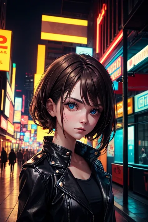 Portrait of natlp as a beautiful female model, Georgia Fowler, Beautiful face, with short dark brown hair, in the cyberpunk city at night. She is wearing only an open black leather jacket , That&#39;s why jeans, dramatic lighting, (police badge:1.2)