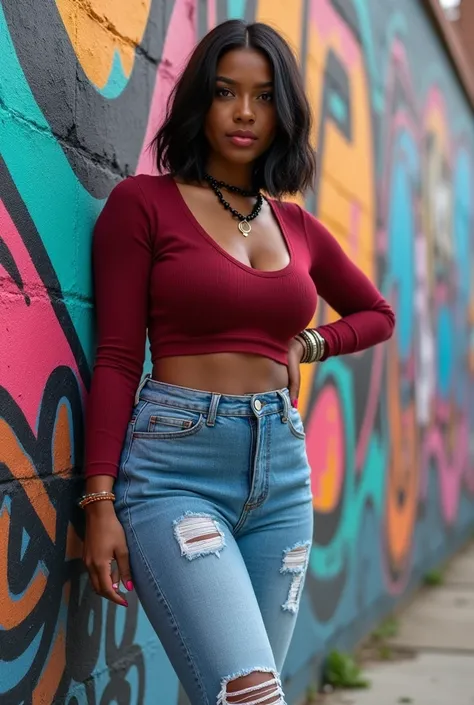 A curvaceous Black woman wearing a fitted, cropped jersey top with long sleeves and high-waisted distressed jeans, paired with trendy sneakers. She accessorizes with a beaded necklace and layered bracelets. Her hair is styled in a chic bob. The backdrop is...