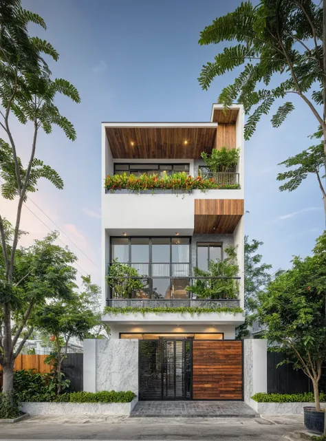 modern townhouse on street, (sunset), tropical tree, vivid colour, streetcapes, white tone, white wall, steel gate, rough white ...