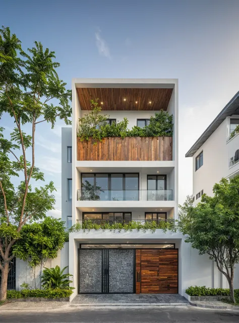 modern townhouse on street, (sunset), tropical tree, vivid colour, streetcapes, white tone, white wall, steel gate, rough white ...