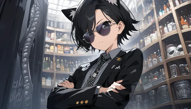  score up_9,score up_8,score up_7,source_anime,rating_safety,masterpiece,best quality,super fine illustration,hyper detailed,8k,front view,wide view,BREAK 1girl,20yo,(sunglass:1.5),black eyes,black hair,short hair,cat ears,flat chest,arms crossed,standing,...