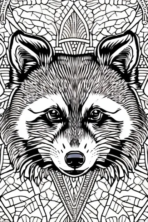 racoon, adult coloring book, medium intricate edged poligonal forms inside without shadows, only white spaces, a4 format, white ...