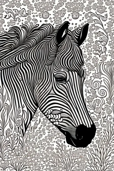 horse, adult coloring book, medium intricate edged poligonal forms inside without shadows, only white spaces, a4 format, white b...