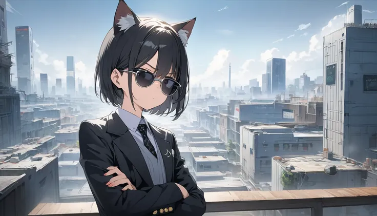  score up_9,score up_8,score up_7,source_anime,rating_safety,masterpiece,best quality,super fine illustration,hyper detailed,8k,front view,BREAK 1girl,20yo,(sunglass:1.5),black eyes,black hair,short hair,cat ears,flat chest,BOSS,arms crossed,standing,BREAK...