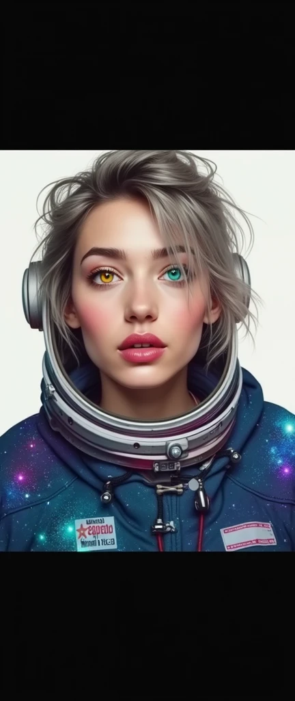 Close-up of a better masterpiece:1.5)0.9], (Space and astronauts:1.2) (Messy silver hair:1.1) (Different colored eyes:Yellow and blue:1.2) (space helmet:1.0) (Colorful stars in the eyes:1.0) (Fluorescent light:1.1) (thick lips:0.9)