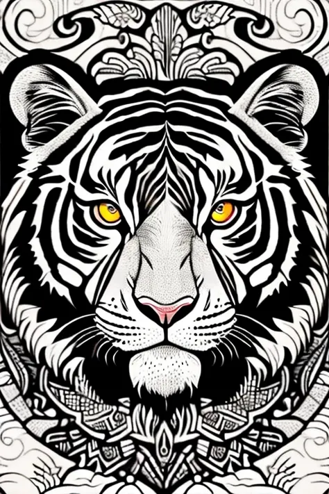 tiger head, for adult coloring book, medium intricate edged poligonal forms inside without shadows, only white spaces, a4 format...