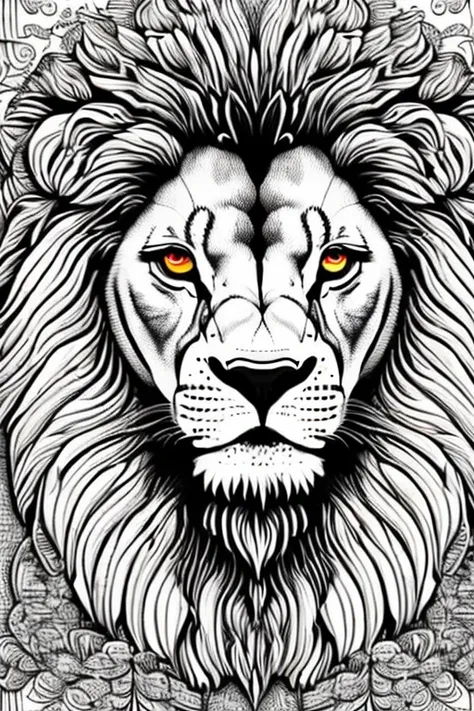 lion, for adult coloring book, medium intricate edged poligonal forms inside without shadows, only white spaces, a4 format, whit...