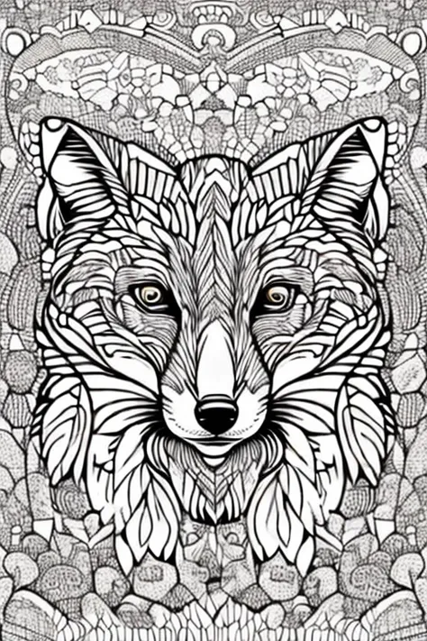 fox, for adult coloring book, medium intricate edged poligonal forms inside without shadows, only white spaces, a4 format, white...