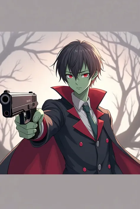 ((((Green skin Toon)))), (((1 boy))), Fantasy. 17 years,  (((A young adult with short black hair))), ((red eyes)), and an evil expression sits pensive, ((((pointing a pistol)))), ((best quality)), (detailed), ((style novel)), beautifulcollors, ((anime_coll...