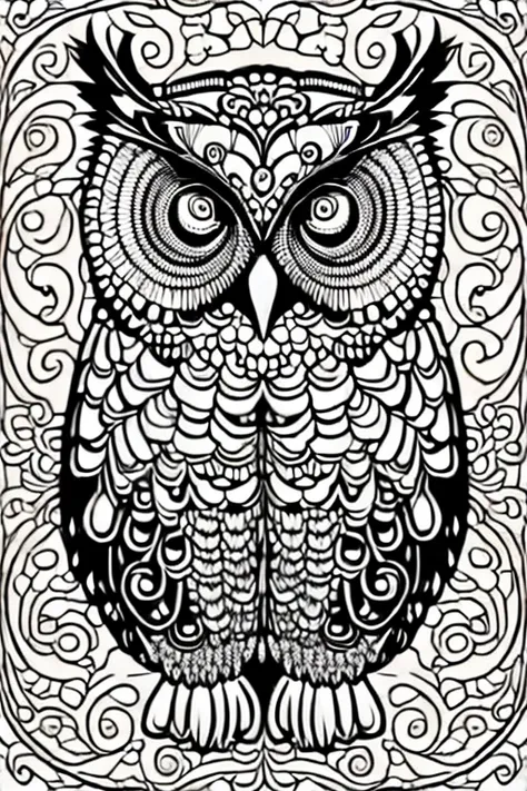 owl, for adult coloring book, medium intricate edged poligonal forms inside without shadows, only white spaces, a4 format, white...