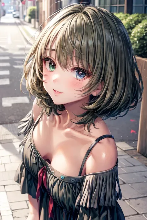 masutepiece, best quality,  1girl in,smile, defkaede, heterochromia, green eyes, blue eyes, black dress, off-shoulder, short dre...