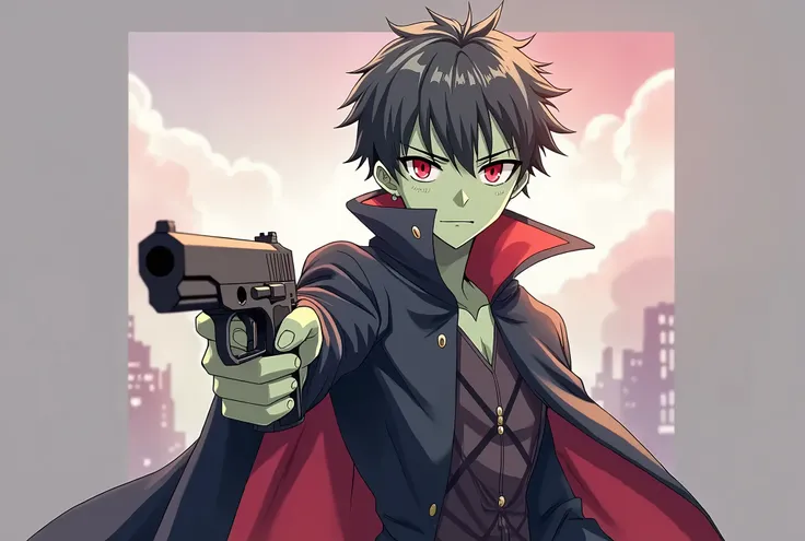 ((((Green skin Toon)))), (((1 boy))), Fantasy. (((A young adult with black hair))), ((red eyes)), and an evil expression sits pensive, ((((pointing a pistol)))),The young man is wearing a black cloack, Anime style. Fantasy style