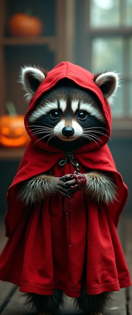 A photo of a fluffy baby raccoon dressed up in a dark and twisted Dead Riding Hood Girls costume tights. The raccoon is wearing a red dress and has a blood stain accessory on its wrist. The background is a Halloween room decorating kit.