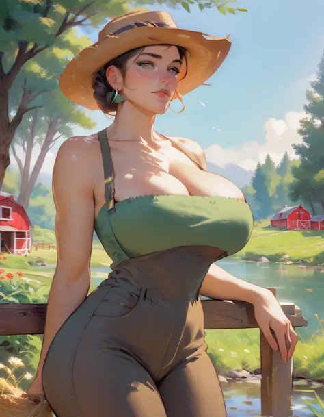 a very beautiful mature farm woman with big breasts, on a farm beautiful woman with a lake behind in the farm landscape