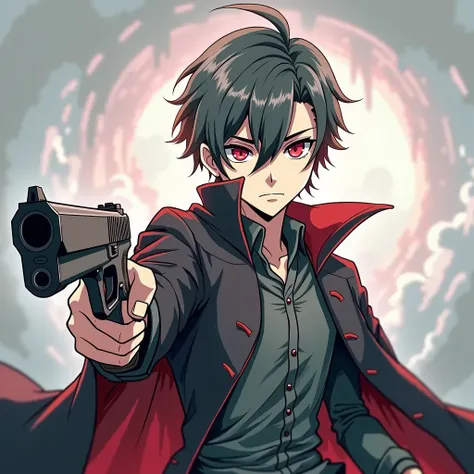 ((((Green skin Toon)))), (((1 boy))), Fantasy. (((A young adult with black hair))), ((red eyes)), and an evil expression sits pensive, ((((pointing a pistol)))),The young man is wearing a black cloack, Anime style. Fantasy style