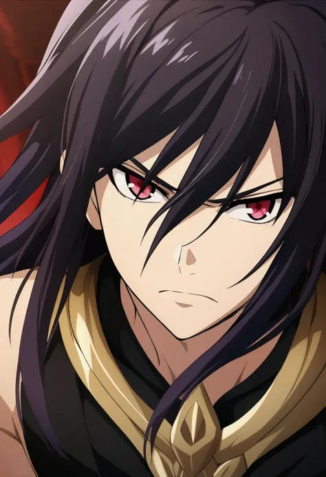 1 boy, lilac black hair, hair between eyes, long hair, red eyes, ebony black Greek clothing, Greek god of the underworld clothing, serious expression, CG, teenage