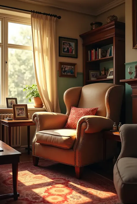 A cozy living room with a large, old-fashioned armchair, a coffee table with some family photos, and a window showing a sunny day outside.