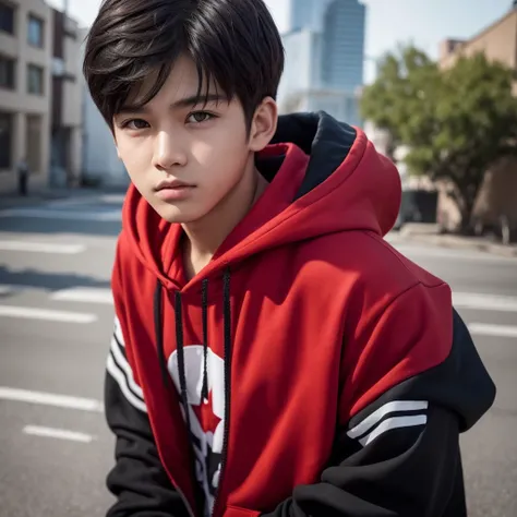 A young man with slightly fierce-looking sanpaku eyes is depicted. His short hair transitions from black to a sooty red gradient, and he wears a modern hoodie with a street-style, almost delinquent-like vibe. He appears to be in the in-between age of a boy...