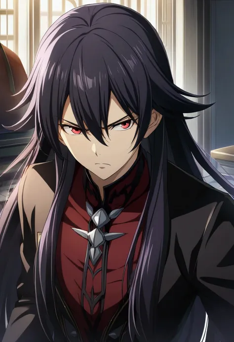 1 boy, lilac black hair, hair between eyes, long hair, red eyes, fairy dark boy, spriggan, serious expression, CG, teenage