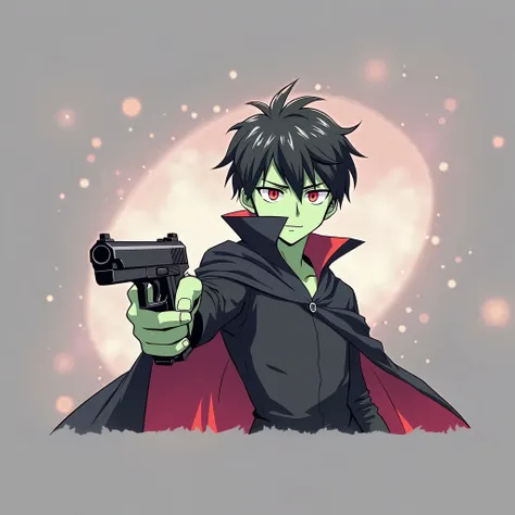 ((((Green skin Toon)))), (((1 boy))), Fantasy. (((A young adult with black hair))), ((red eyes)), and an evil expression sits pensive, ((((pointing a pistol)))),The young man is wearing a black cloack, Anime style. Fantasy style