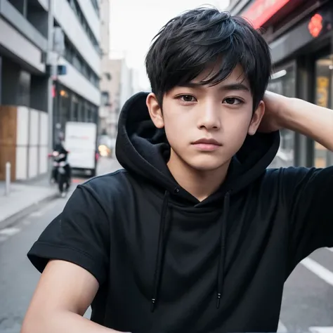 A young man with slightly fierce-looking sanpaku eyes is depicted. His short hair transitions from black to a sooty red gradient, and he wears a modern hoodie with a street-style, almost delinquent-like vibe. He appears to be in the in-between age of a boy...