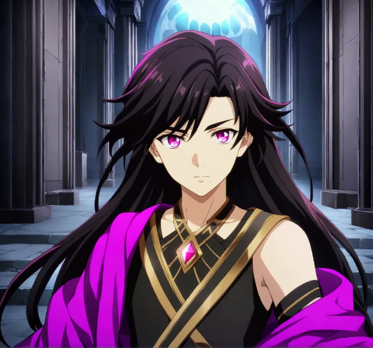 1boy, black long hair, magenta eyes, dark greek clothes, teenage, CG, screenshot,