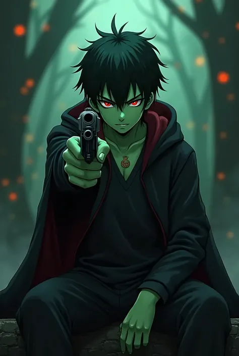 ((((Green skin Toon)))), (((1 boy))), Fantasy. (((A young adult with black hair))), ((red eyes)), and an evil expression sits pensive, ((((pointing a pistol)))),The young man is wearing a black cloack, Anime style. Fantasy style