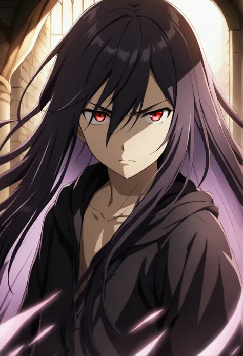 1 boy, lilac black hair, hair between eyes, long hair, red eyes, dark fairy, spriggan, serious expression, CG, teenage