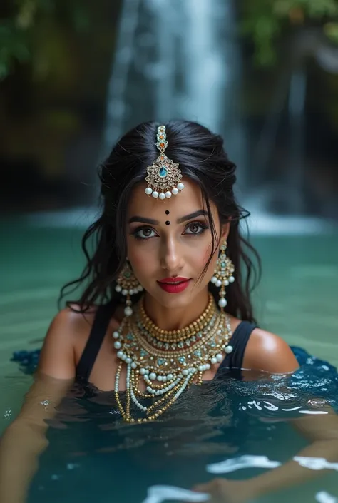 Hot and beautiful girl with saree and heavy jewellery with  diamond crown full body jewellery face 2 white g with black and blue saree light red lipstick with black bindi heldi face in the water fall