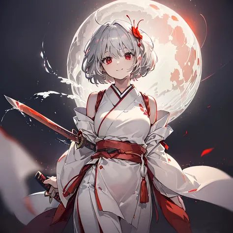 (((((1 person　Gray Hair、Short Hair、Make your hair glow from within　White and red clothes、shoulder)))))　((((High resolution　Japanese sword、Shining Blade))))　(((Black Belt　Warrior　army commander、close　smile　Red eyes)))　((Bright red butterfly　night　Japanese s...