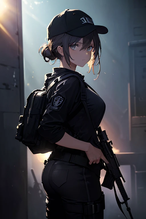 (masterpiece:1.2,Best Quality,Very detailed,Powerful backlight:1.3,silhouette:1.45),, , //character, 1 Solo Female Mercenary,Backpacks,Assault rifle,M4,Wear a baseball cap