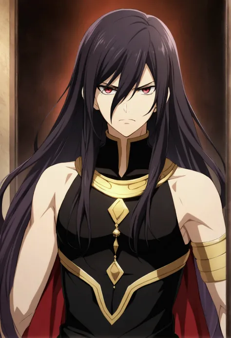 1 boy, lilac black hair, hair between eyes, long hair, red eyes, ebony black Greek clothing, Hades, Greek god of the underworld clothing, serious expression, CG, teenage