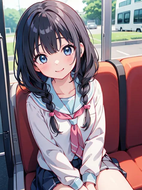 Absurd, High resolution, (Anime Style:1.1), ((Best Quality)), (Very detailed)、One Girl、Black Hair、Braids、smile、School uniform、Sitting on a bus seat looking outside
