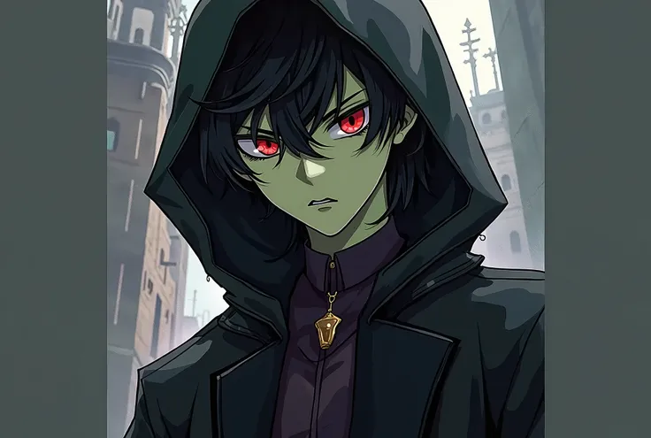 ((((Green skin Toon)))), (((1 boy))), Fantasy. (((A young adult with black hair))), ((red eyes)), and an evil expression sits pensive,The young man is wearing a black cloack, Anime style. Fantasy style